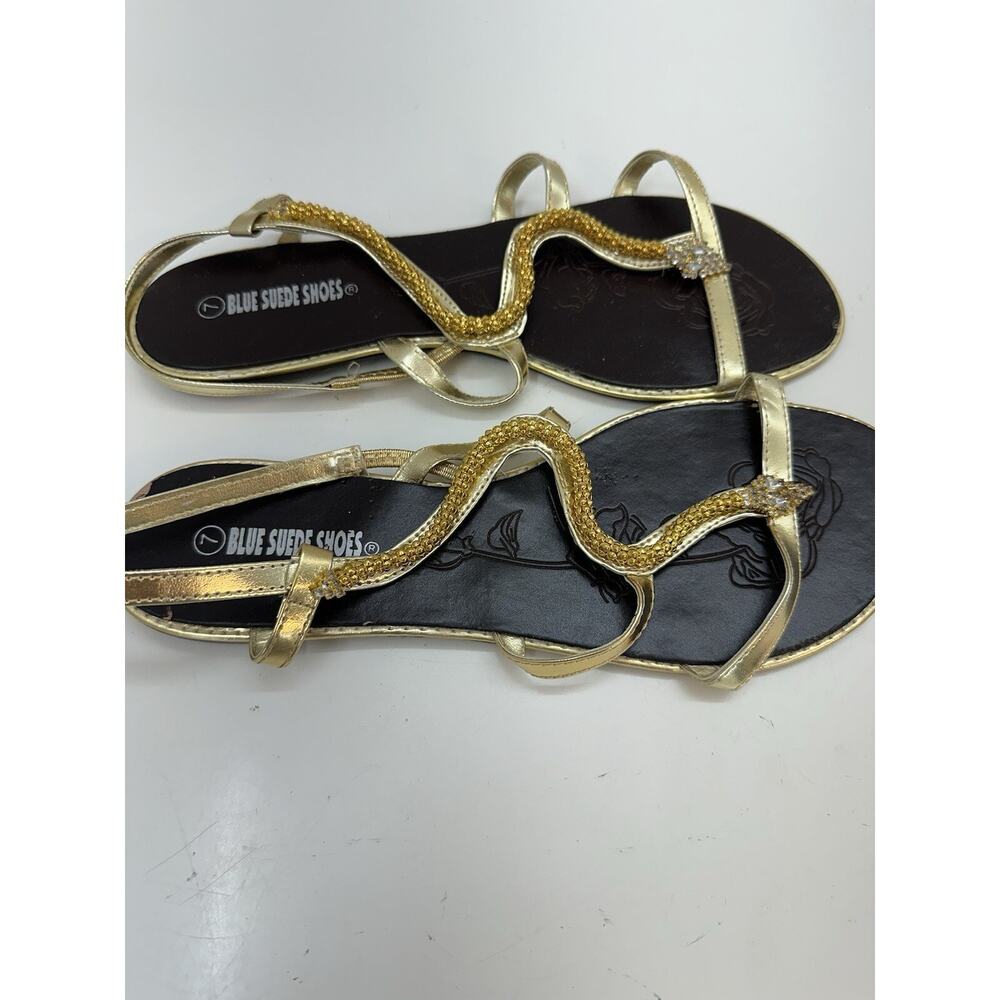 Blue Suede Shoes Womens Sandals Flats Size 6 (37) Gold Snake Wrapped - Picture 5 of 8